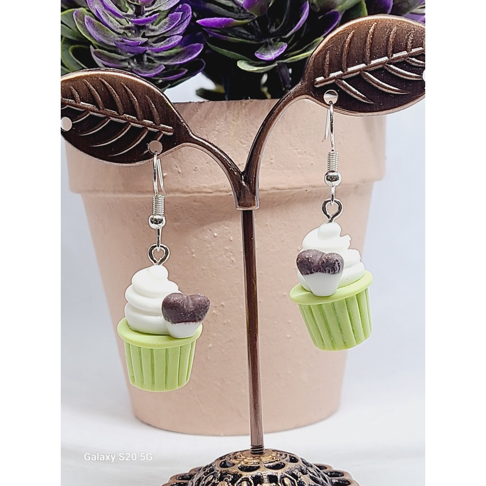 Green Cupcake‎ Heart Dangle Earrings White Frosting Food Jewelry Novelty